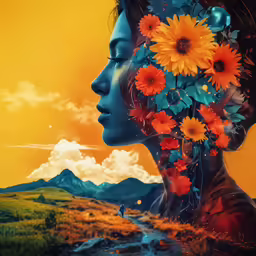 a woman with yellow flowers in her head and landscape