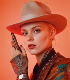 a woman with hat and gloves holding a cell phone