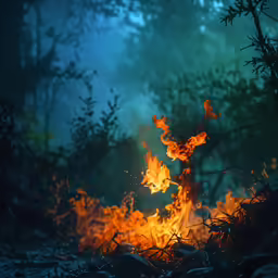 bright orange flames in the dark with small bushes around