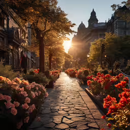 beautiful flowers line the pathway of a city street,a narrow sidewalk with flowers on either side and an old building in the background