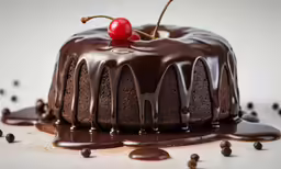 cake covered in chocolate and topped with a cherry