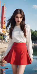 the woman in the red skirt is posing for the camera