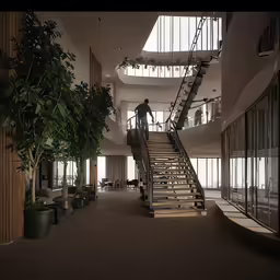 an open lobby with stair and plants in the corner