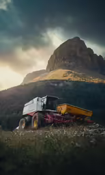a truck and a tractor sitting in a field next to a mountain