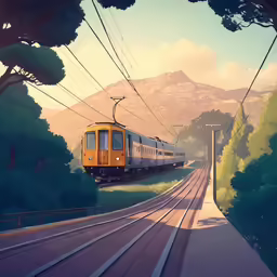 an orange train passes through a mountainous country