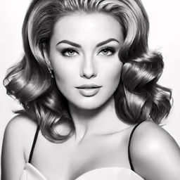 a woman wearing a white dress with hair in curls