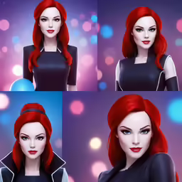 red - haired female character wearing black and gray clothing