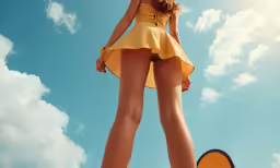 the woman is standing over a disc and posing for the camera