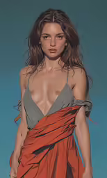 a girl wearing orange and grey dress with no clothes
