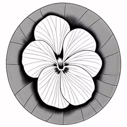 a white flower with black circles around it,a black and white picture of a flower with lines