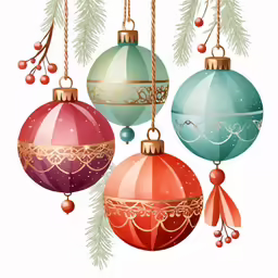 christmas ornaments and fir branches hanging from the branches
