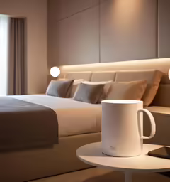 a lamp is sitting next to a coffee cup
