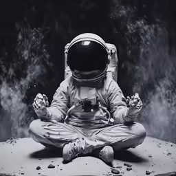 an astronaut sitting in the middle of the space with his hands up
