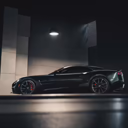 the rear end of a black sports car, lit up by an industrial light fixture