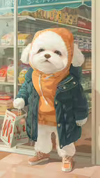 a dog wearing an orange outfit is standing in front of a donut shop,a cute little dog with a scarf and coat