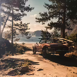 a red car that is parked in the dirt