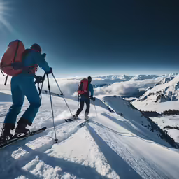 two people in blue snow gear with poles hiking up the side of a mountain