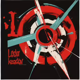 the large red and black clock has two blue arrows