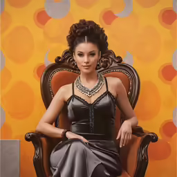 a woman in a black dress is sitting on a chair