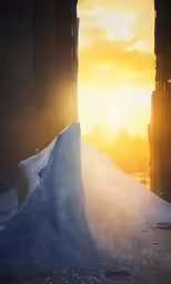 snow in an old building with the sun coming out