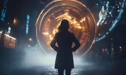 a person standing in an alley with a spinning disc in the background