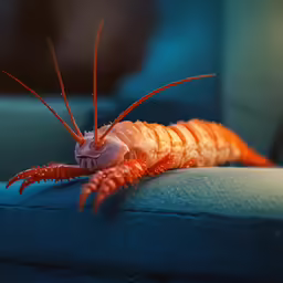 a large shrimp with its mouth open and feet extended