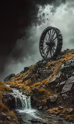 a water wheel sits above a creek under cloudy skies