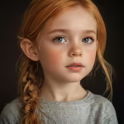 a young red headed girl in a braid stares into the distance