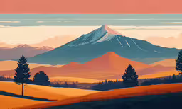 a view of a mountain and valley with snow on the mountains,a mountain covered with snow in the distance