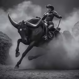 a woman is riding a horse with long horns
