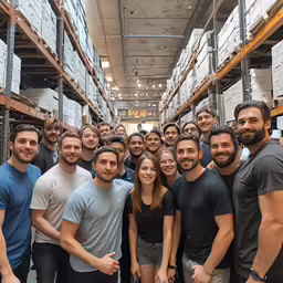 a group of people posing in front of shelves with boxes on them