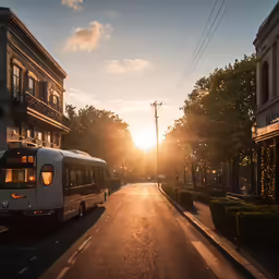 the sun sets behind a row of buildings