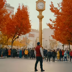 a man standing by a tall clock tower