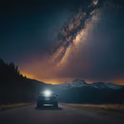 a car driving on the road with mountains in the background