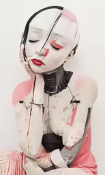 a small white statue wearing a red and black dress
