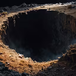 a deep cave in a mountain landscape with smoke coming out