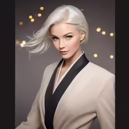 a lady with blonde hair wearing a light outfit and black shirt