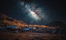 a landscape photo showing a night scene with rocks and dirt, and the sky covered in stars