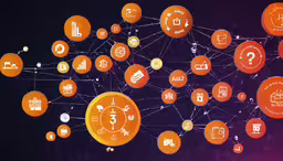 a big orange and purple cloud with many icons,a bright orange circle with symbols that describe people