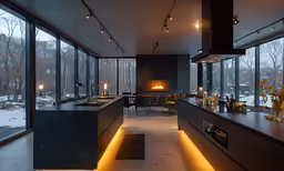 a room with lots of counter space and furniture