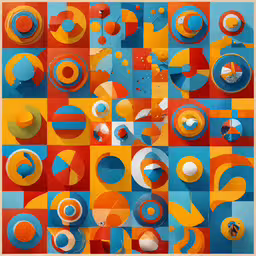 a collage of colorful shapes and circles,a bright artwork piece of blue, orange, yellow and red circles