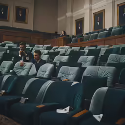 two people sitting in empty chairs in a room