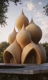 a piece of wooden art is set up in a garden