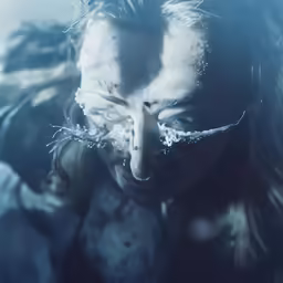 a very long haired woman with some sort of snow on her face