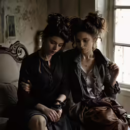 two women sitting next to each other on a bed