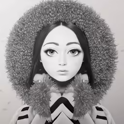 a dolls head wearing a winter coat with fur collar