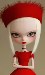 a doll dressed in red is posing for a photo