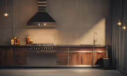 an island top oven above some wooden cabinets