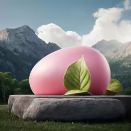 a vase with a leaf sitting on a large rock