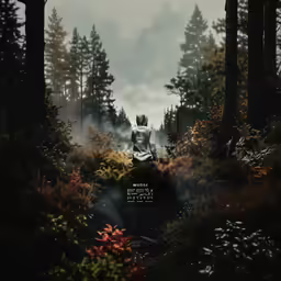 a woman that is sitting in the woods